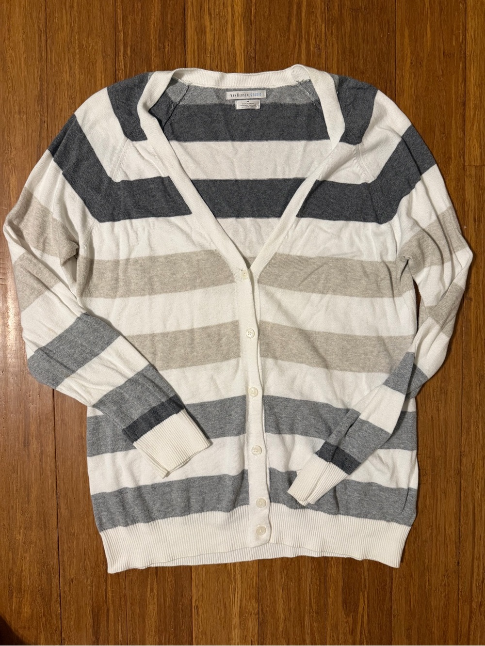 Van Heusen Striped V-Neck Button Cardigan - White, Gray, Tan